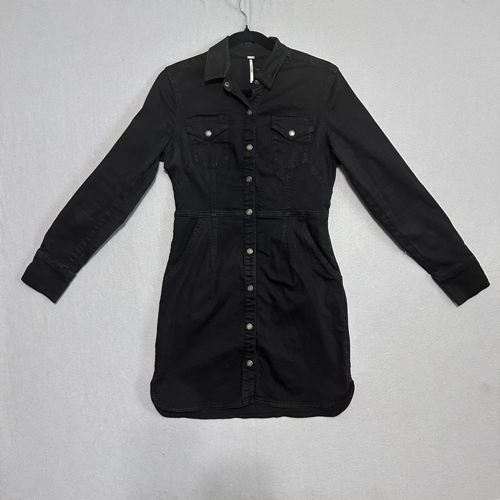 Free People Black Denim Button Down Mini Dress Long Sleeve Size M - Picture 3 of 7